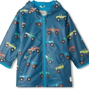 Hatley Blue Raincoat with Colorful Monster Trucks